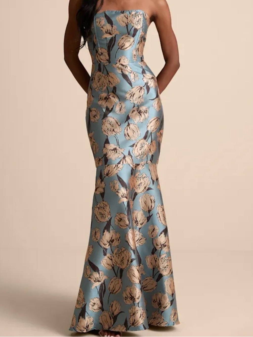 Lulu's Sky Blue Strapless Floral Satin Mermaid Gown